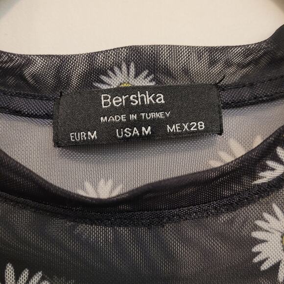 Sheer Daisy Mesh Top Size M Black White Long Sleeve Made in Turkey Bershka - Picture 4 of 7
